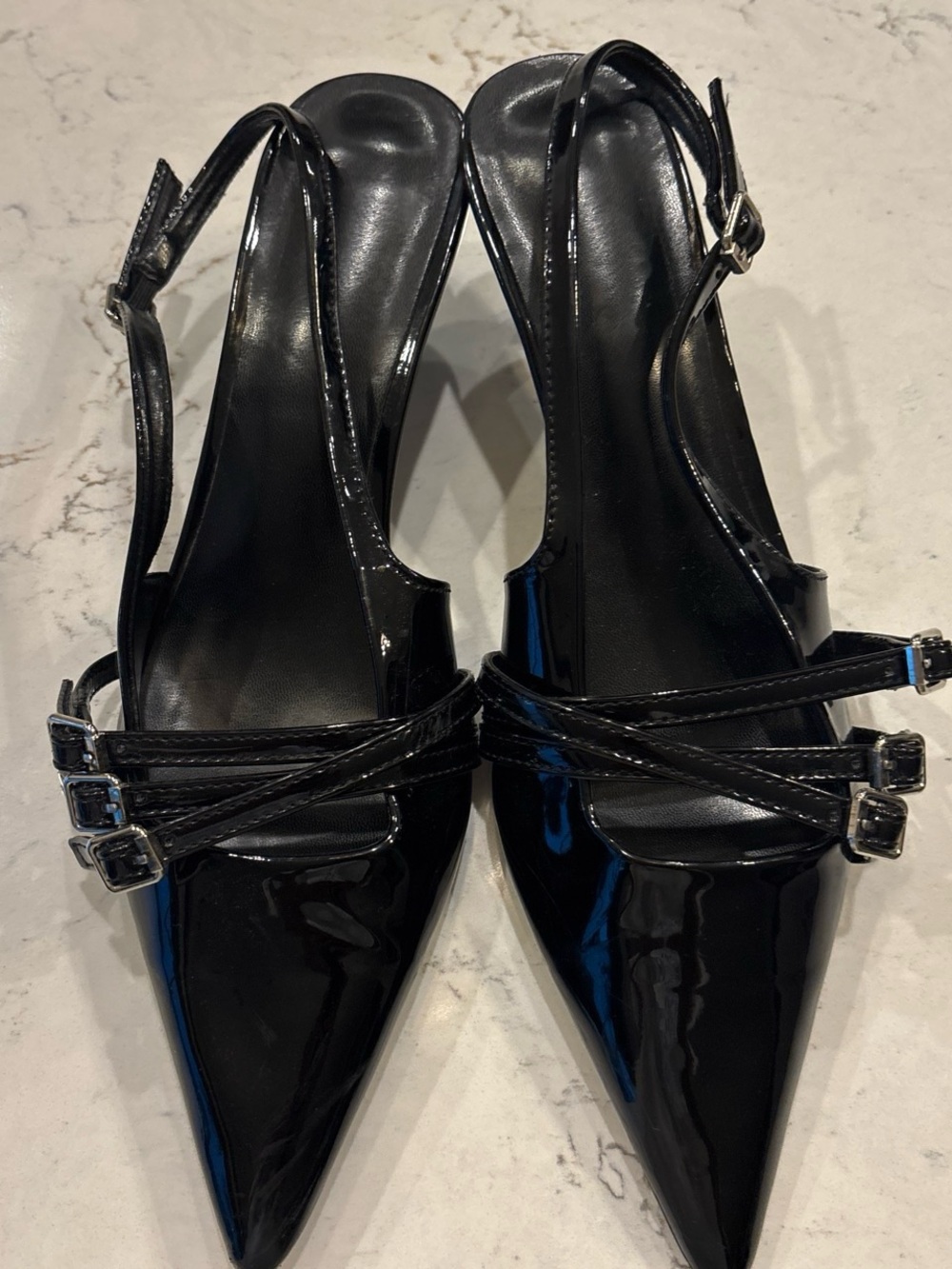 Amazon Black Patent Pointed Slingback Mules with Double Buckle Straps